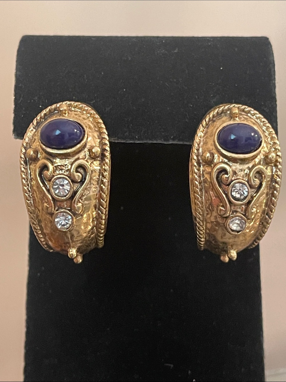 Vintage Gold-tone Blue Cabochon Etruscan Half Hoop Earrings